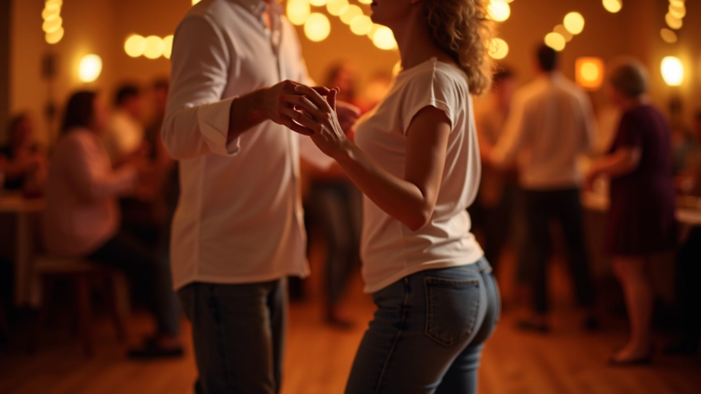 Adults dancing bachata in a vibrant social dance setting with warm golden lighting and wooden dance floor