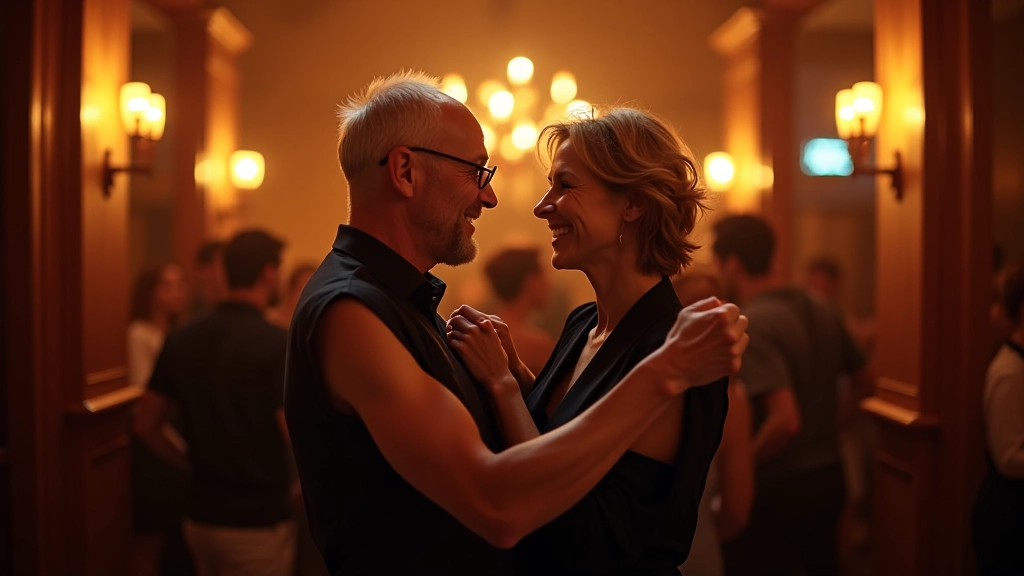 Evening social dance event in Rīga Old Town, couples dancing in a historic venue with warm ambient lighting