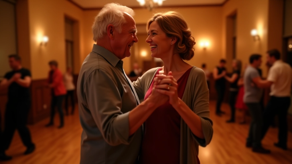 Adults dancing bachata together in a social setting with warm lighting and wooden floor