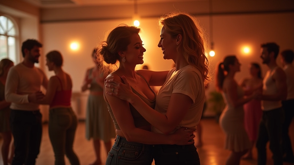 Adults dancing bachata in a bright studio with warm lighting and authentic community atmosphere