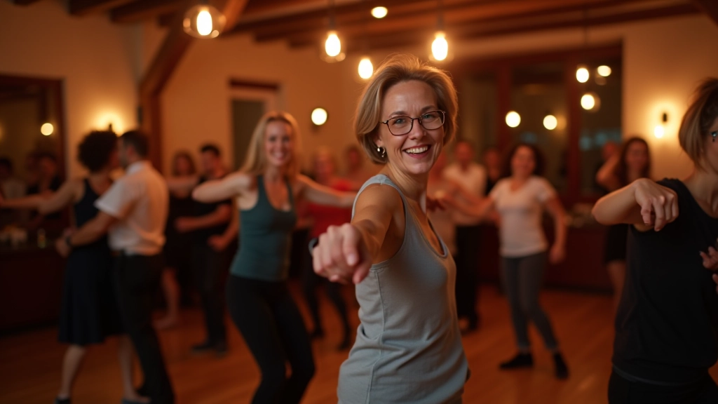Dance instructors teaching a diverse group of adult students in a welcoming and inclusive studio environment