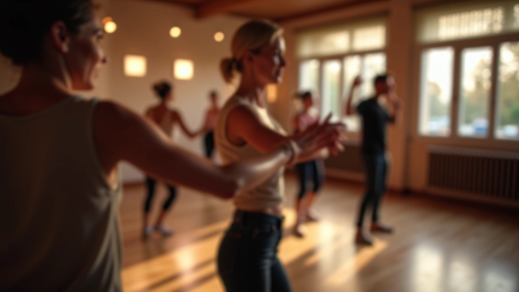 Group of beginner adult dancers in a dance studio during a bachata class session