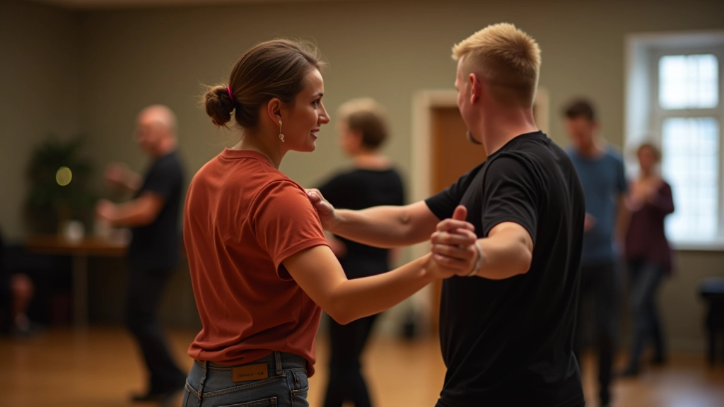 Students practicing salsa with proper technique in a bright studio with professional mirrors and lighting