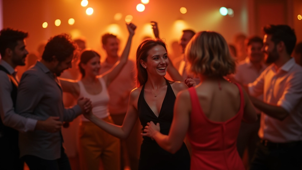 Group of adult dancers enjoying salsa social event, smiling and dancing together in casual attire