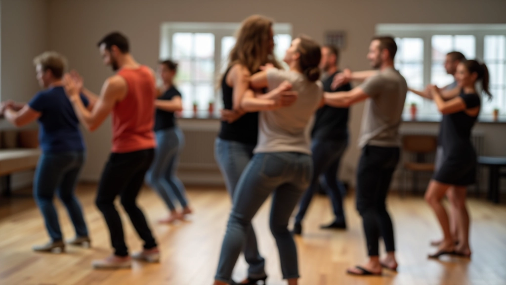 Students practicing partner positions and hold during a beginner Latin dance class
