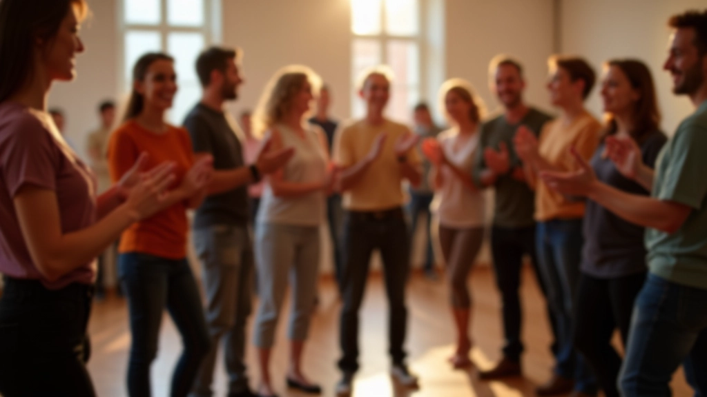 Group of smiling beginners in a circle, clapping along to music during a Latin dance class celebration