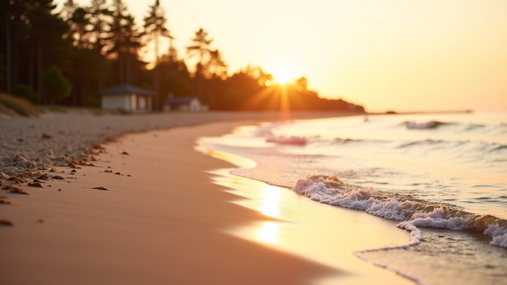 Jūrmala beach coast with sand, sea, and sunset lighting over the Baltic