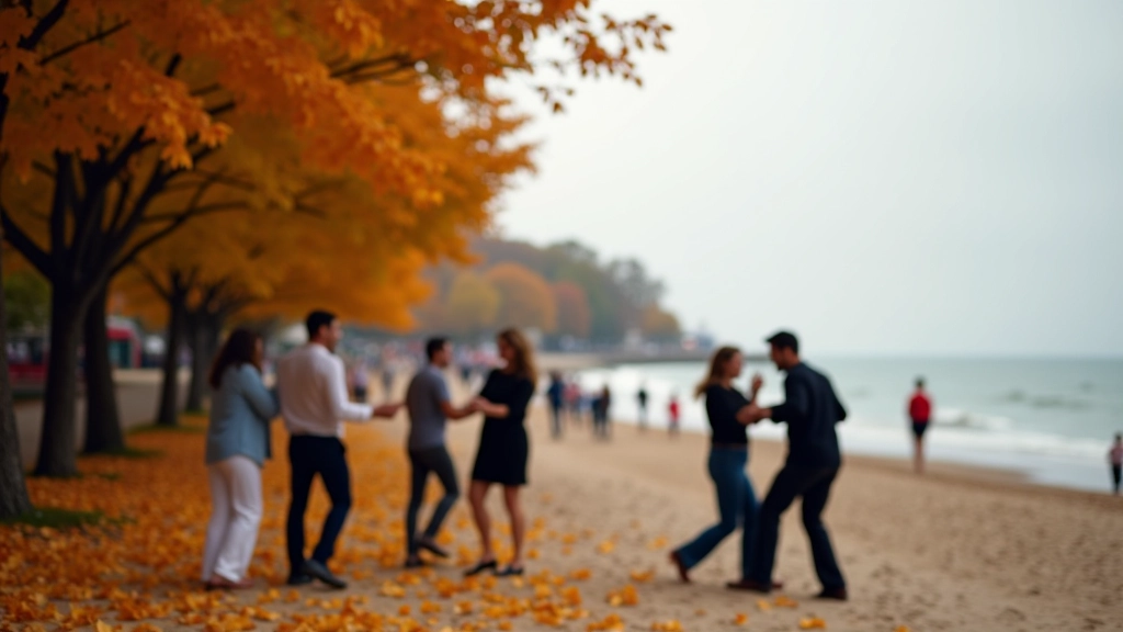 Jūrmala coast during autumn with amber and orange foliage, fewer crowds, intimate dance setting, overcast lighting