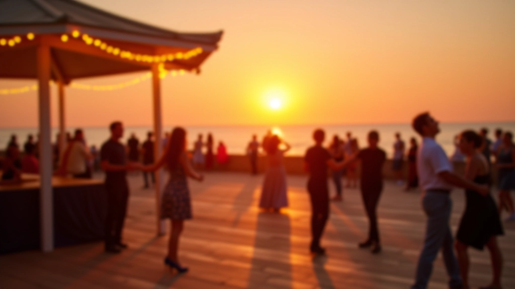 Jūrmala beach promenade during sunset with outdoor pavilion venue setup, golden hour lighting, clear sky