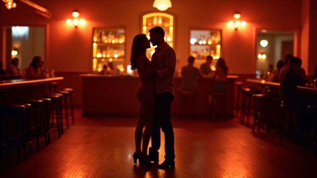 Interior of upscale Latin dance club with dim lighting, wooden bar counter, and dance floor