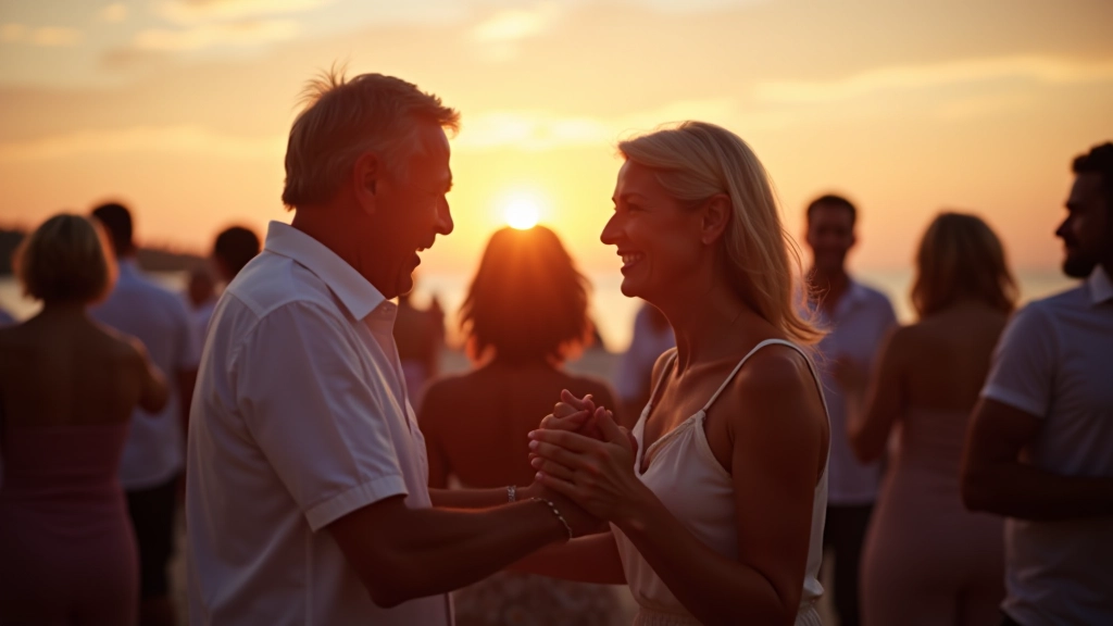 Group of mature dancers enjoying themselves at outdoor beach social venue, mixed couples dancing, relaxed atmosphere, evening light