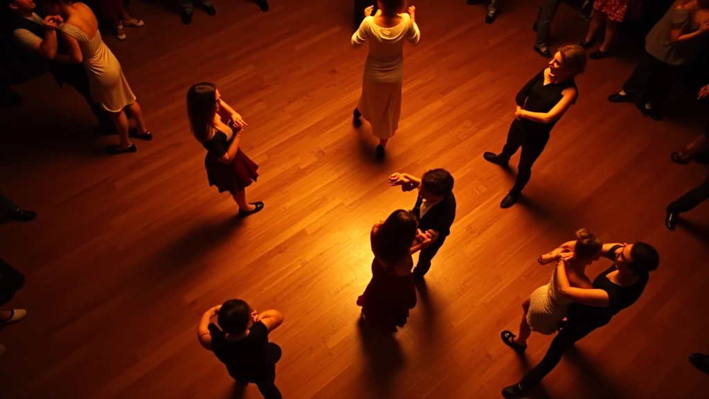 Overhead view of multiple couples dancing salsa on wooden dance floor at evening event