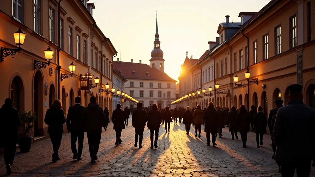 Street view of Rīga Old Town with historic buildings and people walking in traditional square
